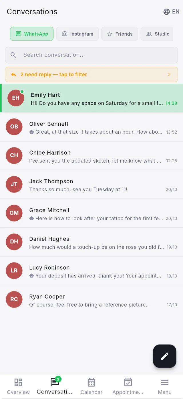 Inkconscious Studio on iPhone: WhatsApp and Instagram conversations in one inbox
