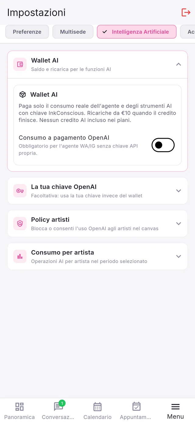 AI wallet in Inkconscious Studio settings